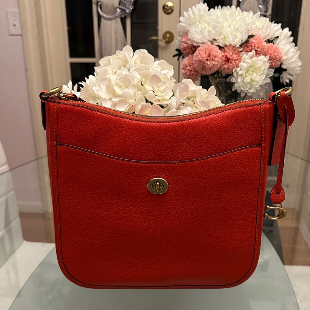 Coach Bright Red Pebbled Leather Turnlock Shoulder Bag